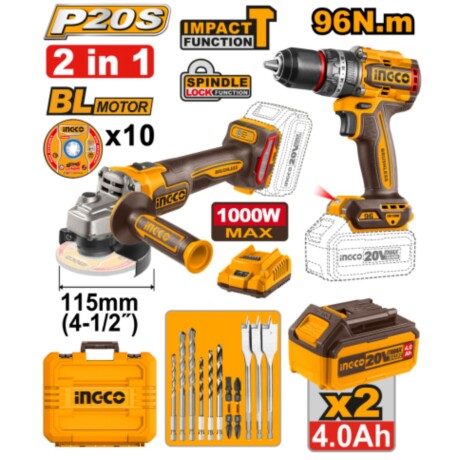 Kit Ingco Taladro + Amoladora angular + accesorios y valija Kit Ingco Taladro + Amoladora angular + accesorios y valija