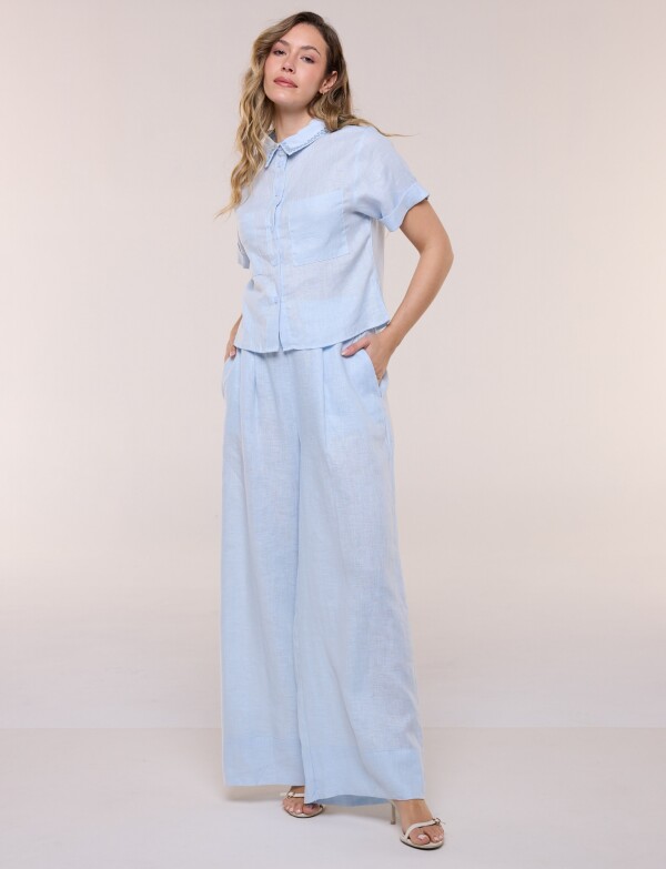 Conjunto De Lino Camisa Bordada Y Pantalon Palazzo CELESTE