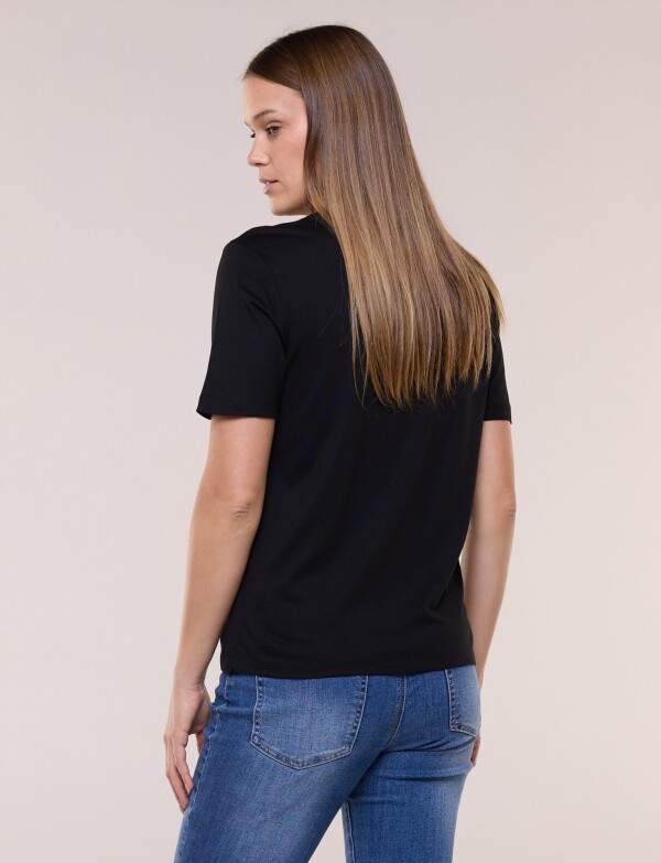 Remera De Algodón Con Aplique De Piedras En Escote NEGRO