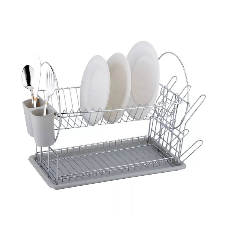 Escurridor de platos acero cromado con bandeja y cubiertero gris - 2 niveles Escurridor de platos acero cromado con bandeja y cubiertero gris - 2 niveles