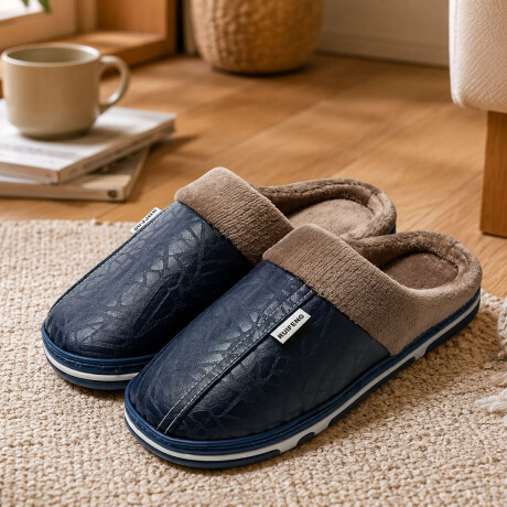 Set Pantufla Cuerina Unisex + Calienta Cama 1 Pza 3 Niveles Azul Marino