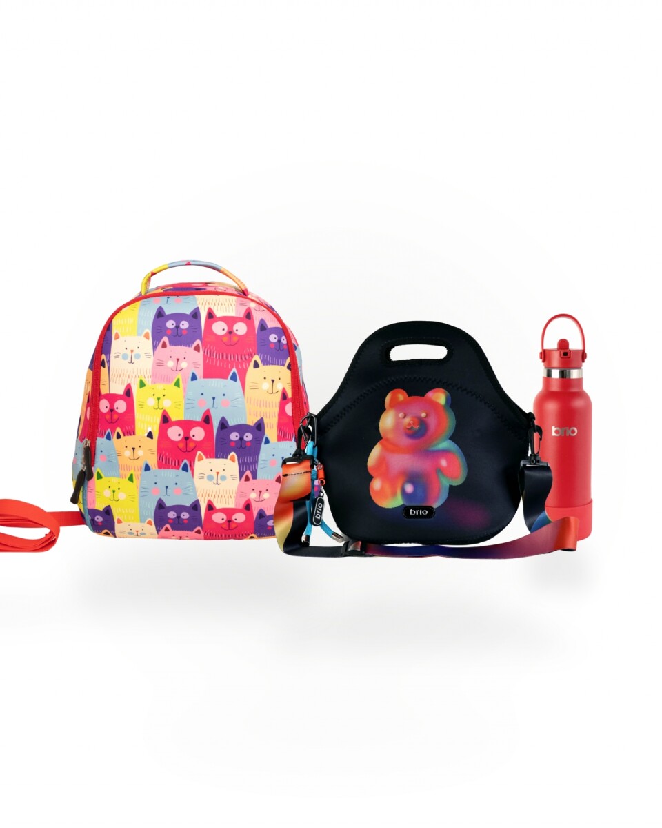 Set de mochila infantil de neopreno, lunchera de neopreno con correa ajustable y botella de acero inoxidable 500ml brio - set-teddy 
