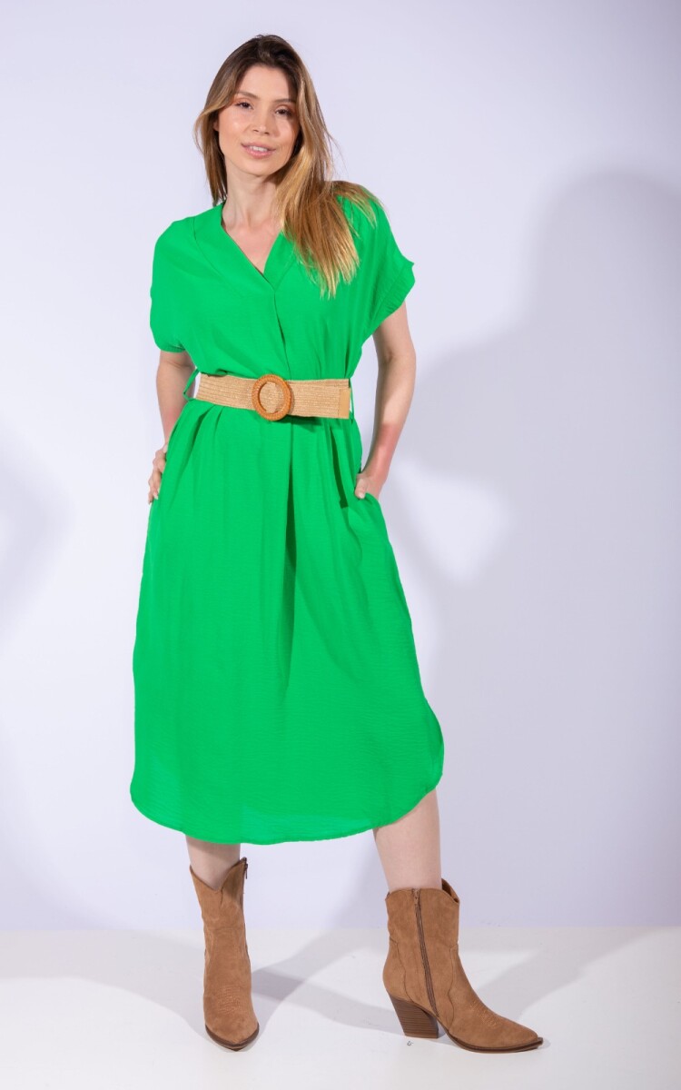 Vestido Escote v con cinto - Verde 