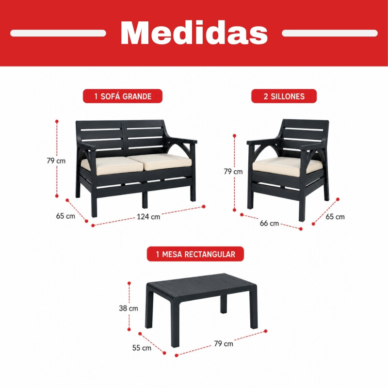 Juego Santana de jardín 3 sillones con almohadones + mesa GRIS
