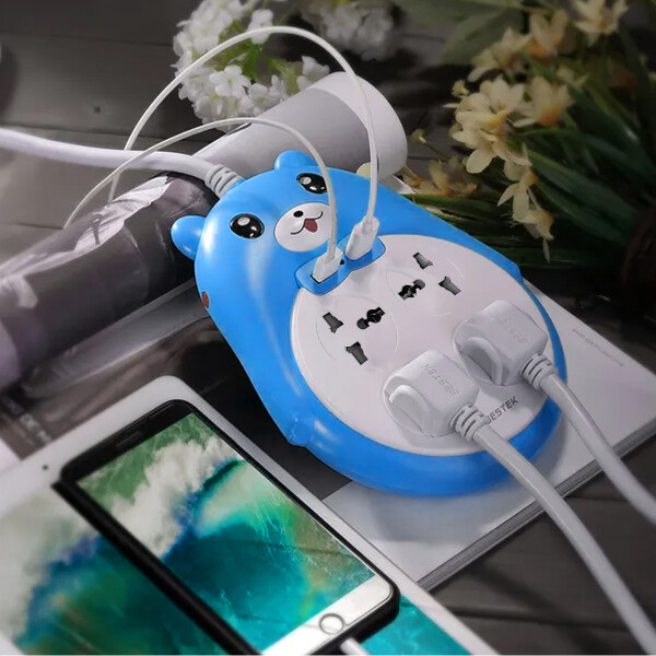 Alargue Con Diseño De Osito y 2 Puerto USB Azul
