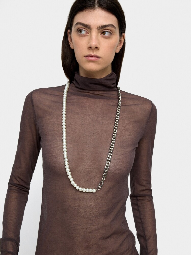 Collar Conversible De Eslabones Y Perlas plateado