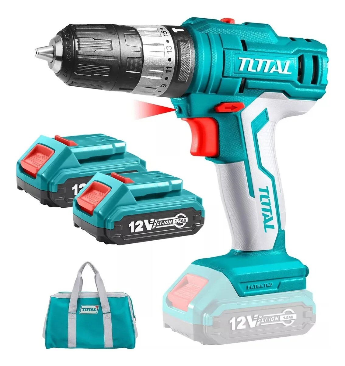 Kit Taladro Atornillador Inalámbrico Total 12V con 2 Baterías y Bolso 