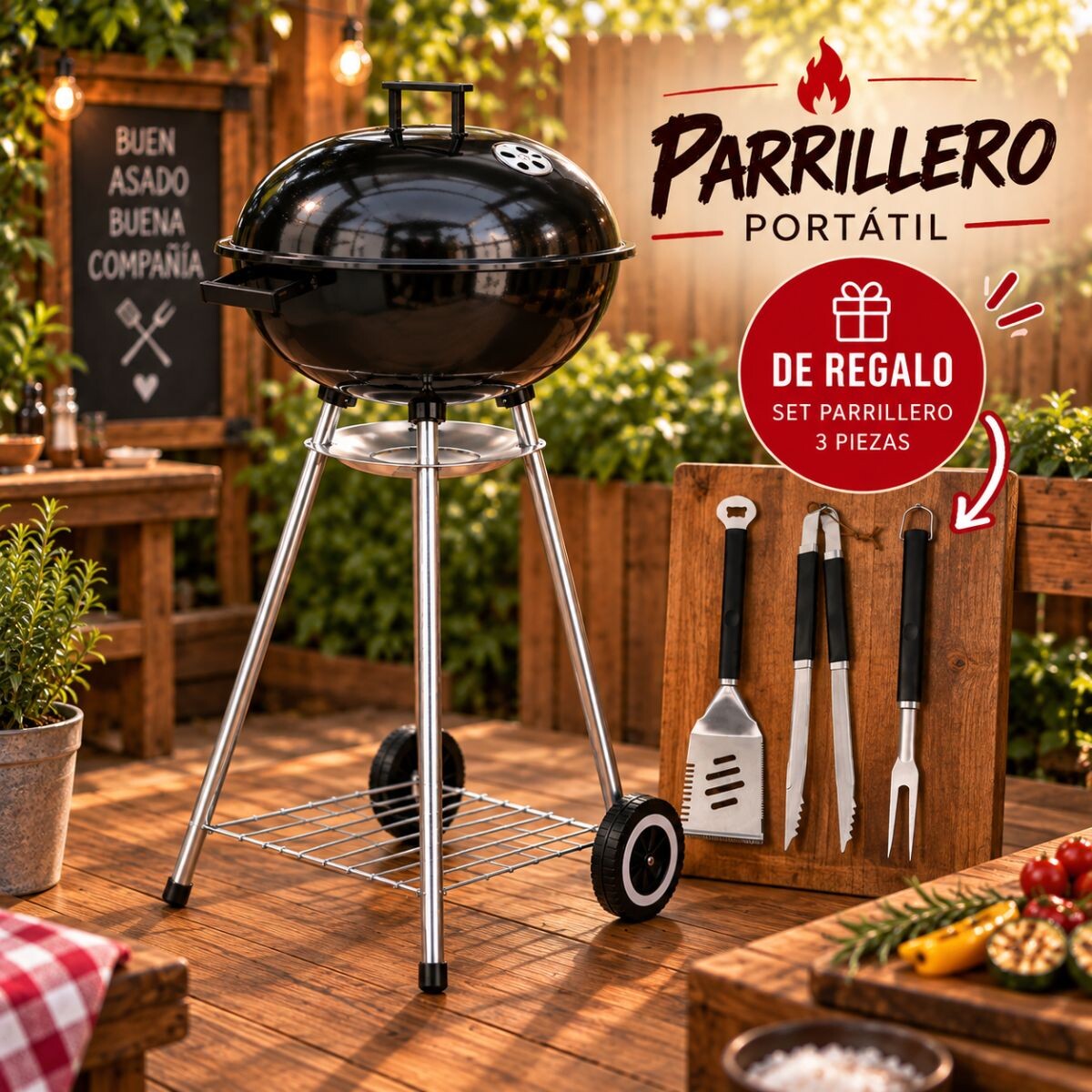 Promo Parrillero portatil redondo alto con tapa y ruedas + Set parrillero 3 piezas de regalo 