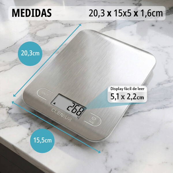 Balanza Digital de Cocina IMBACK con Precisión 1g a 5kg, Acero Inoxidable Color Plateado Balanza Digital de Cocina IMBACK con Precisión 1g a 5kg, Acero Inoxidable Color Plateado