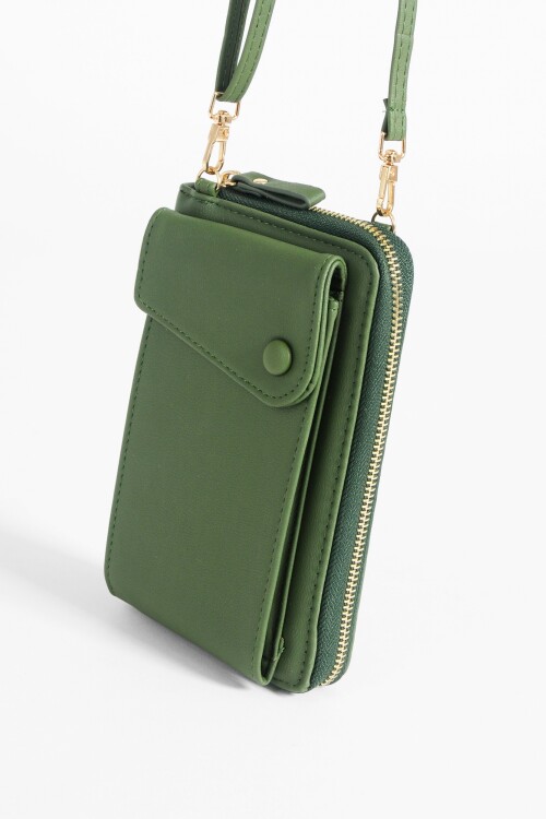 Billetera porta celular con correa verde