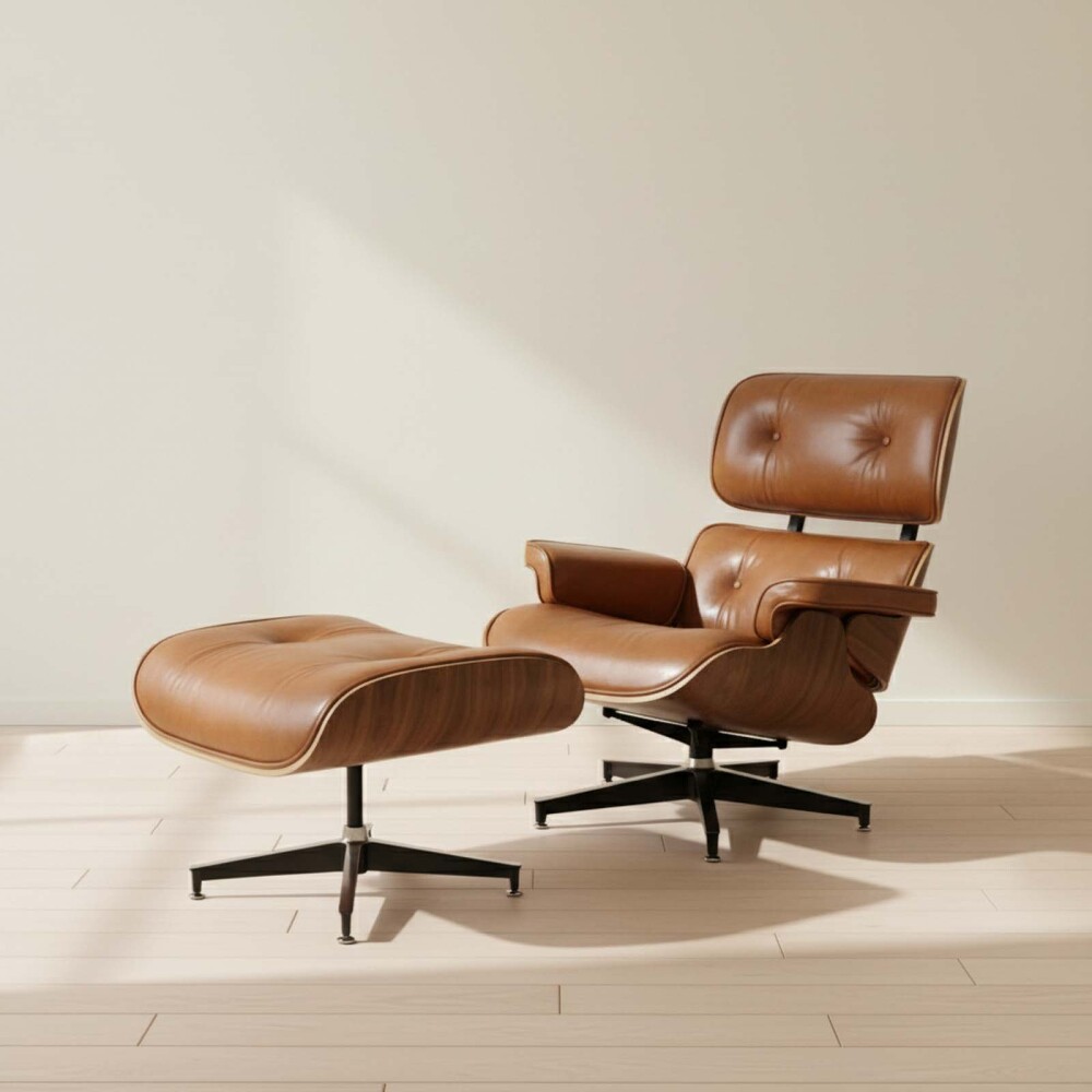 BUTACA C/PUFF 1 CUERPO CUERO-100-NATURAL MARRON EAMES CAMEL