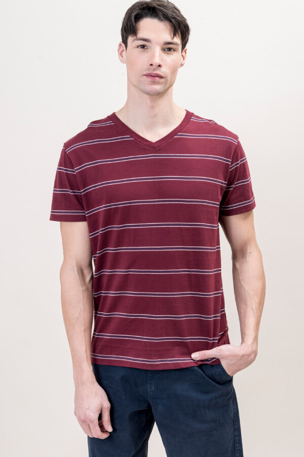 Camiseta a rayas con cuello en V Bordeaux
