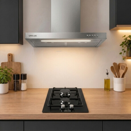 Pack Campana Ventor Acero Inoxidable 60cm Pack De Campana Extractora Ventor 60CM + Anafe A Gas Vulcano Dou 2 Negro