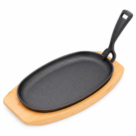 Plancha Grill Oval Hierro Base Madera Para Servir Grafito