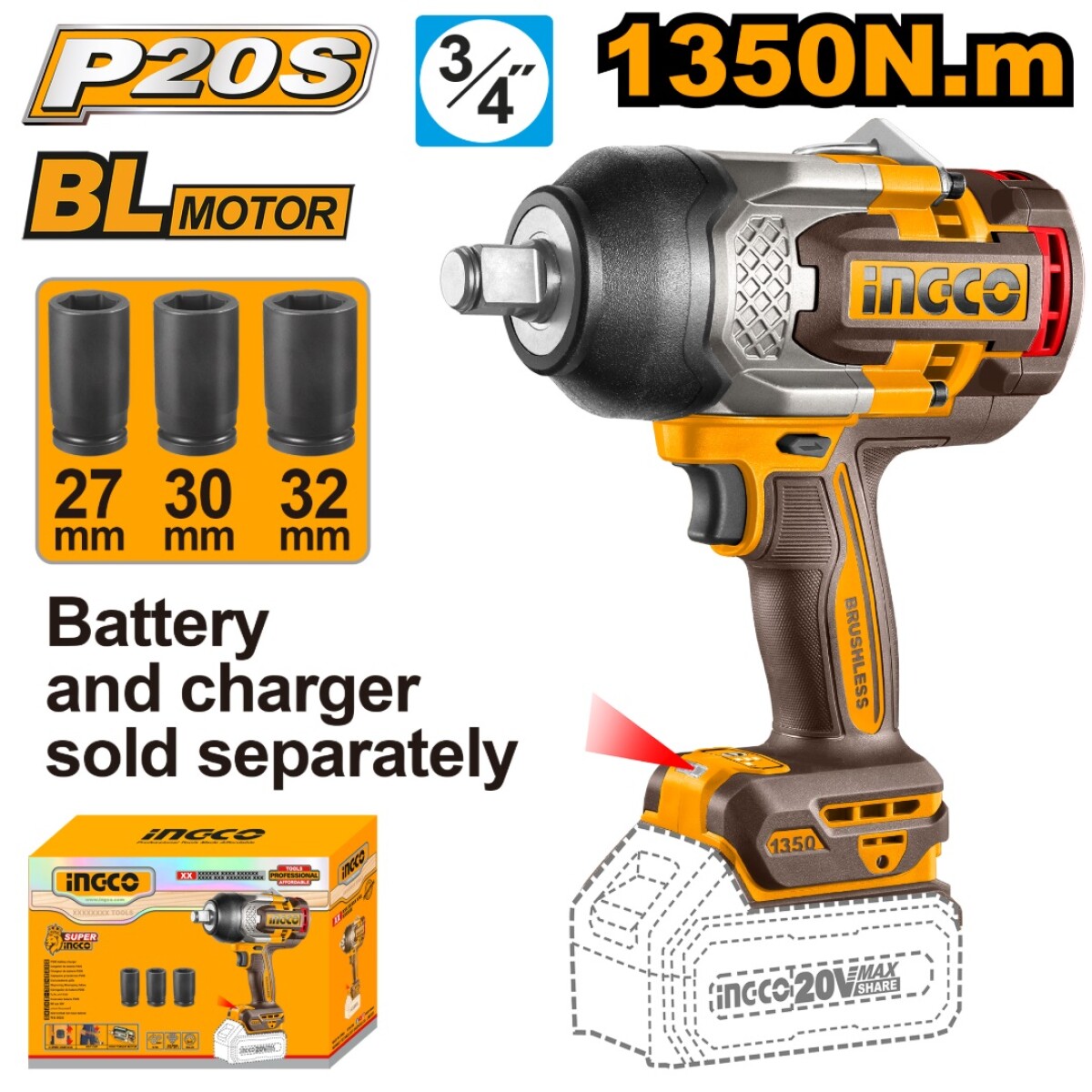 LLAVE DE IMPACTO A BATERIA BRUSHLESS 3/4" 1350NM P20S 20V + - AMARILLO-NEGRO 