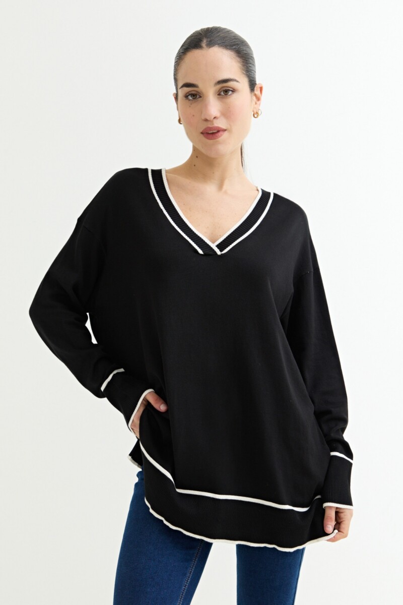 Sweater escote en V contratono - Negro 