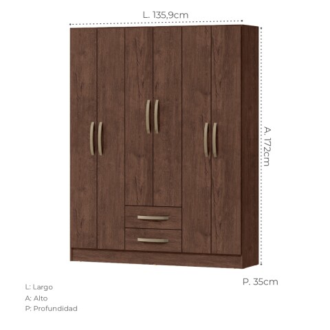 Ropero 6 puertas 2 cajones con estantes y perchero interior natural 172X136X35 - Marrón Ropero 6 puertas 2 cajones con estantes y perchero interior natural 172X136X35 - Marrón