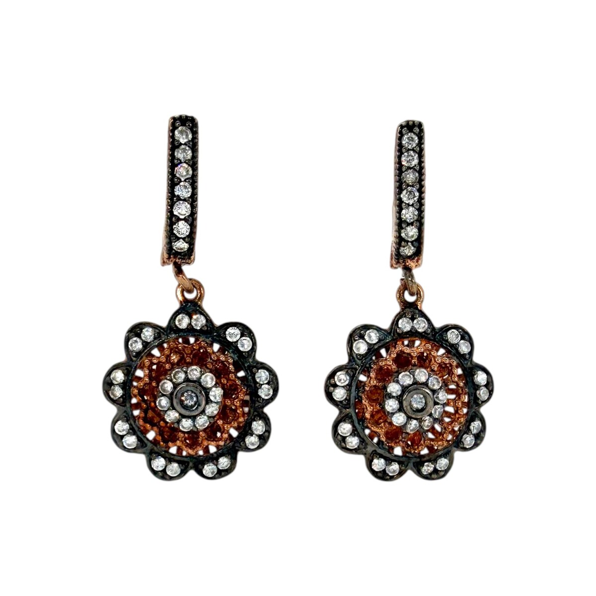 Caravanas Flor-Plata rodinada 925 con micra de oro 18k-Piedra Zirconia-CA2042 - conpiedra 