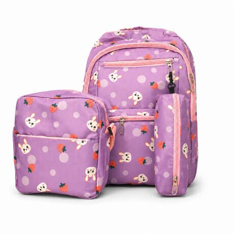 Set Mochila 3 Piezas Diseño Frutillitas Escolar Resistente Lila