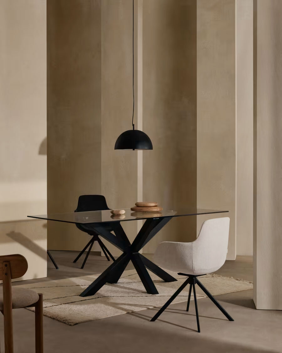 Mesa Argo de cristal y patas de acero acabado negro 200 x 100 cm