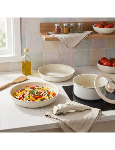 JUEGO BATERIA 5 PIEZAS MANGO DESMONTABLE CERAMICO CREMA APTO INDUCCION JUEGO BATERIA 5 PIEZAS MANGO DESMONTABLE CERAMICO CREMA APTO INDUCCION