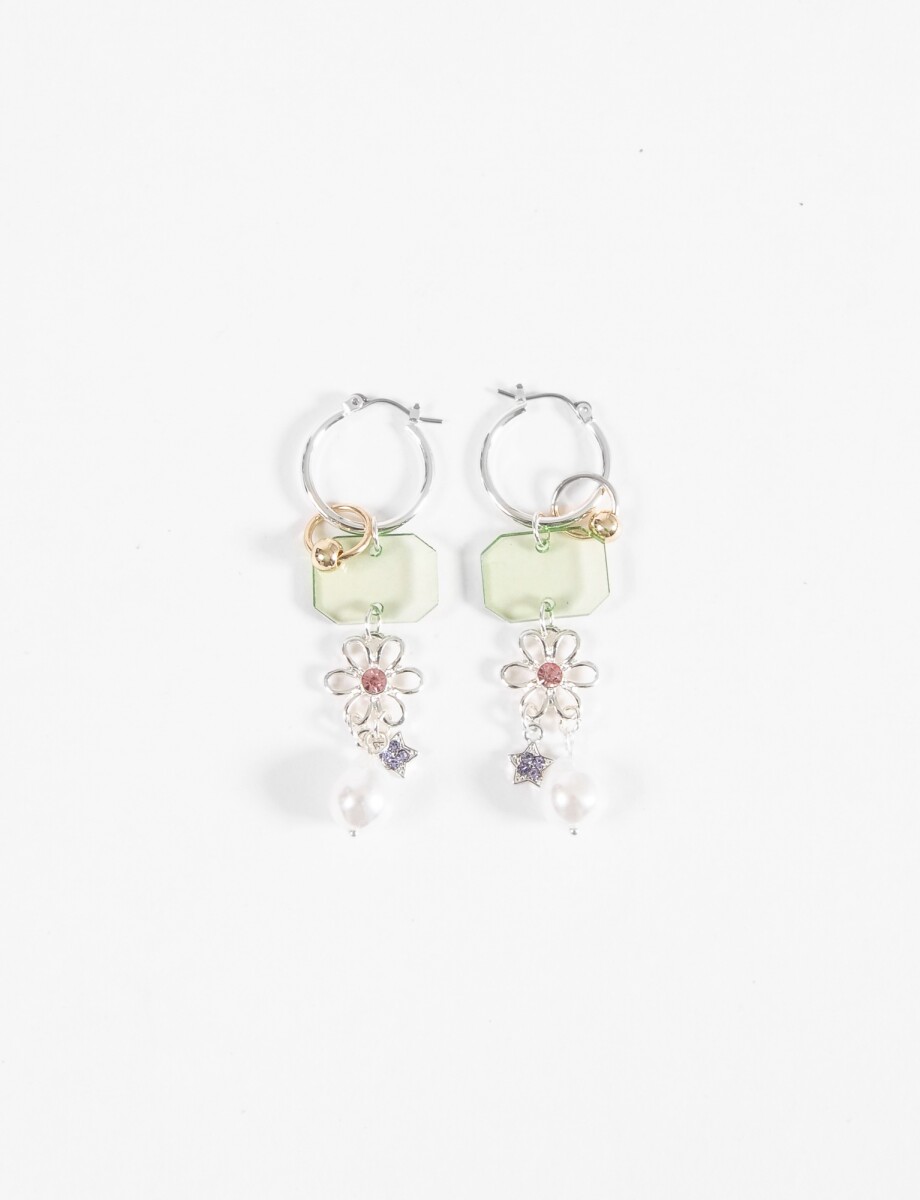 Caravanas aro dijes flor y perla - plateado 