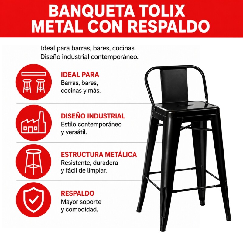 Banqueta Tolix con respaldo NEGRO