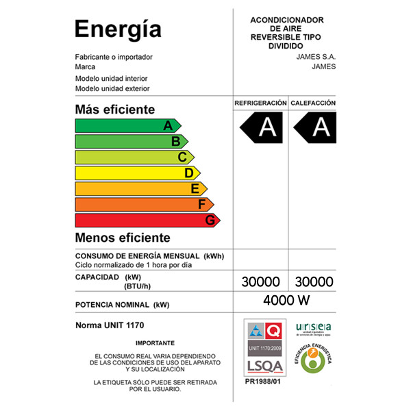 Aire Acondicionado James Aam-30 Au Inv G2 Inverter 30.000 Btu AIRE A. JAMES INV 30000BTU AAM30AU INVG2