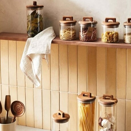 Frasco Recipiente Boro 1.2Lt en Vidrio y Tapa Madera Acacia Transparente