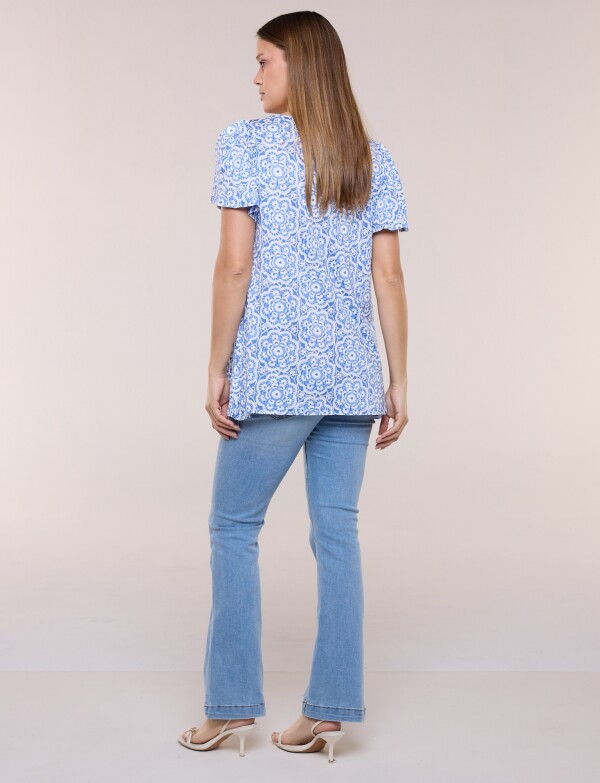 Blusa Mandalas Con Aplique étnico Y Mangas Volado BLANCO/AZUL