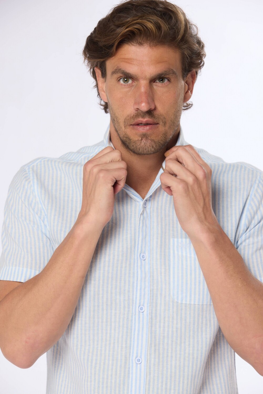 CAMISA DE LINO RAYADA Azul