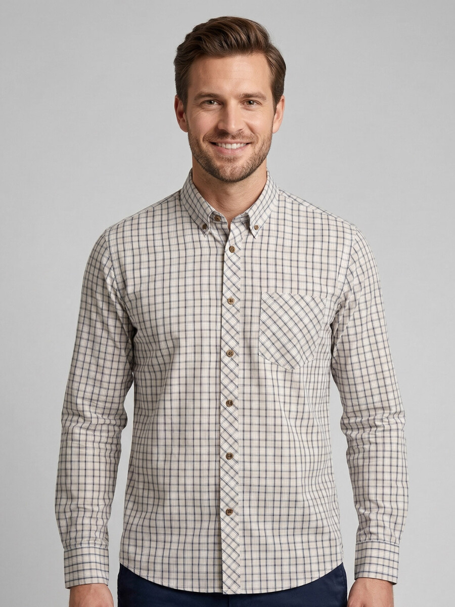 CAMISA MANGA LARGA ESCOCESA BEIGE CLARO 
