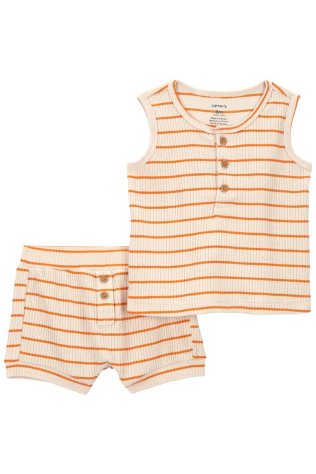 Set dos piezas de algodón acanalado, short y musculosa diseño a rayas Sin color