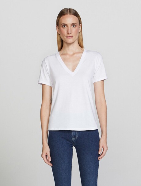 CAMISETA BÁSICA MANGA CORTA CUELLO EN V BLANCO