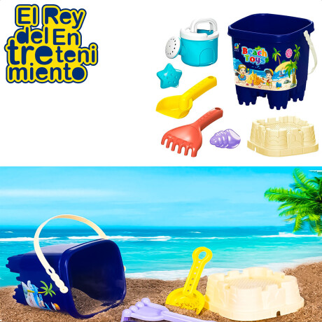 Set 7pcs Balde Playa + Pala + Rastrillo + Moldes Azul