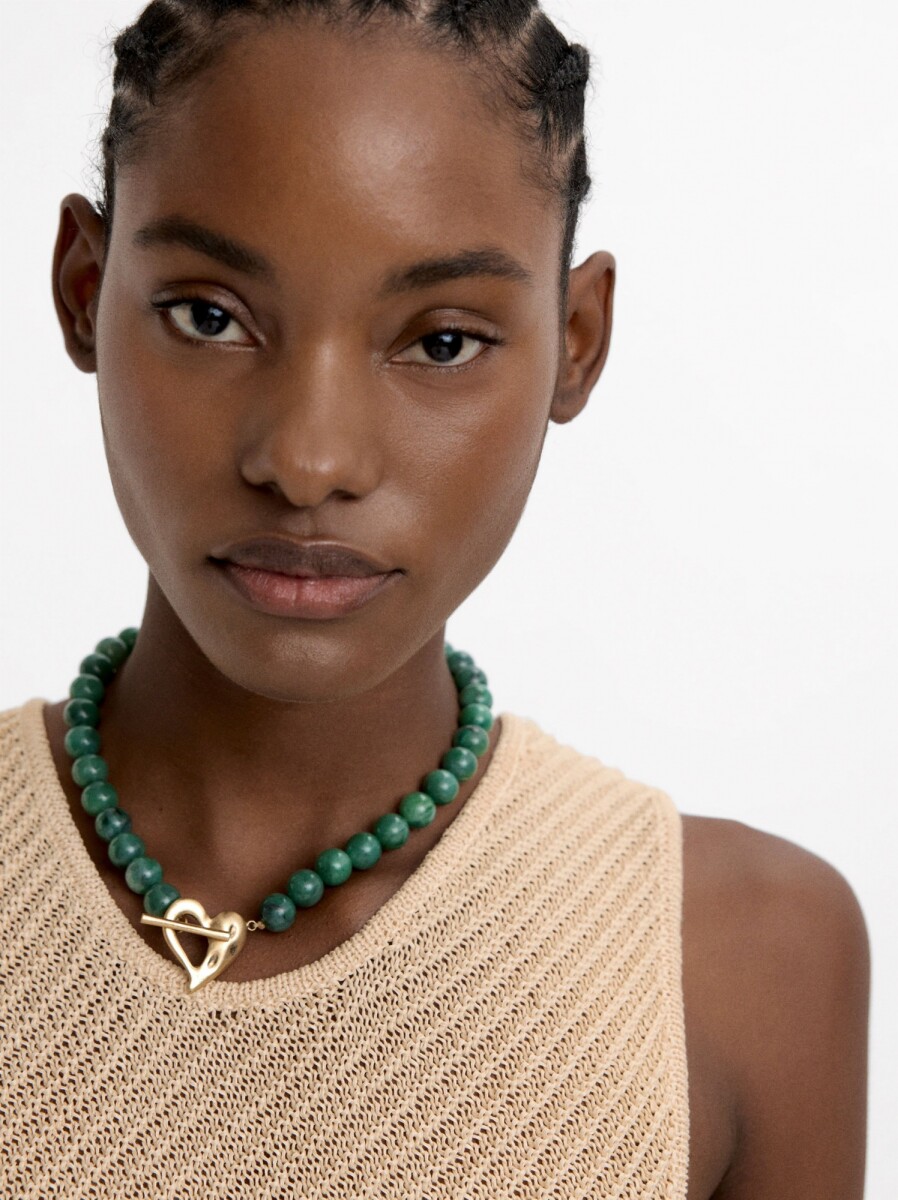 Collar Corto Con Cuentas Efecto Piedra - verde 