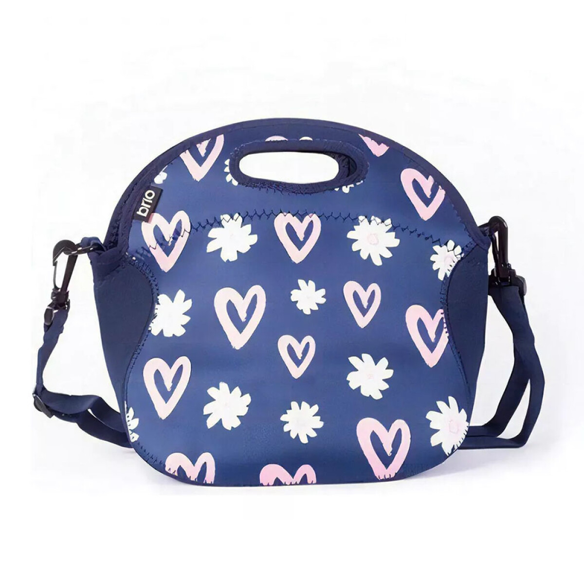 Lunchera Neopreno Brio Bolso Térmico c/Asa Correa Ajustable - Azul Con Flores Y Corazones 