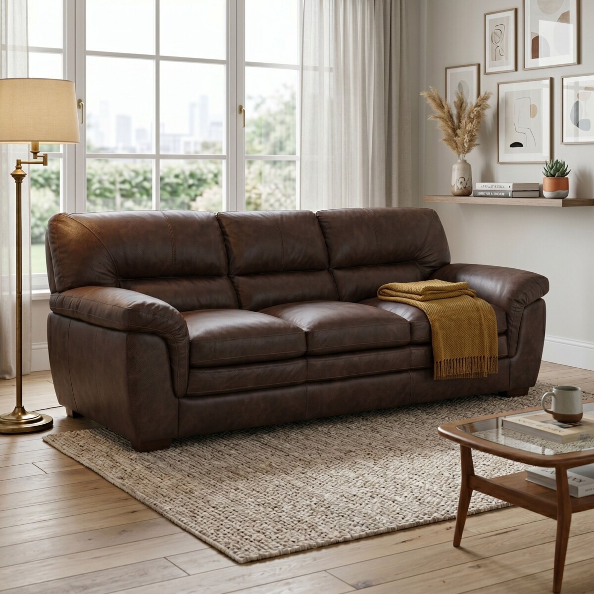 Sillon Livintus 3 Cuerpos Cuero Natural - Cafe 