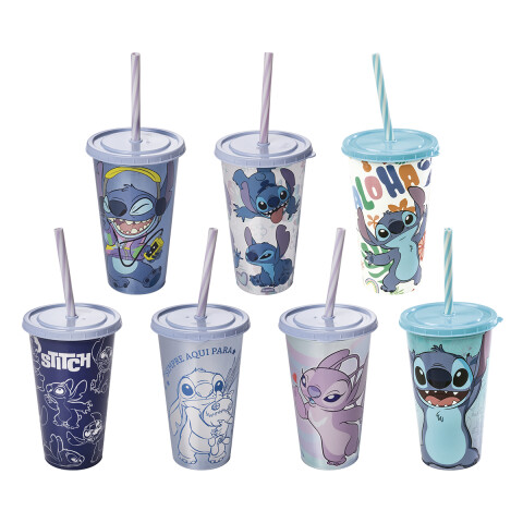 Vaso Plástico con Pajita Stitch Diseños Surtidos 500 ml U