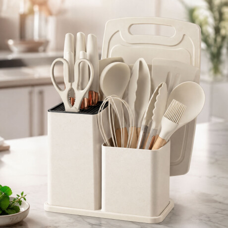 Set Utensilios Cocina 19Pz + Escurridor 3Niv. Drenaje Autom. Gris