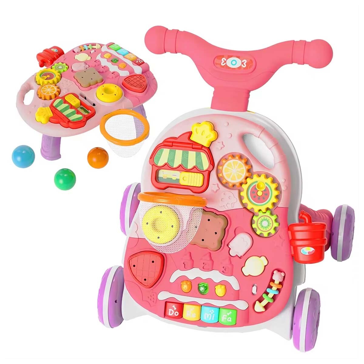 Caminador y Mesa Actividades 2en1 Musical para Bebé Huanger - Rosa 
