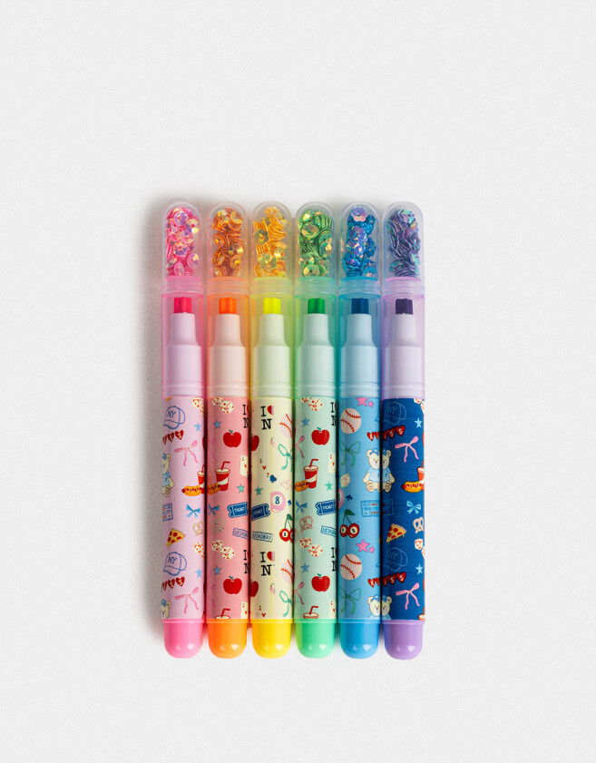 Resaltadores Lúdico Set De 6 Resaltores Con Lentejuelas En Punta De Estrella - Combinacion Multicolor