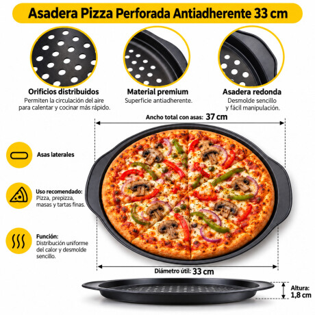 Asadera Pizza Perforada Antiadherente 33cm Asas laterales Grafito
