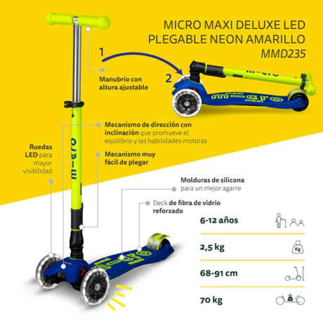 Monopatín Micro Maxi Plegable Neón LED Ajustable con 3 Ruedas Amarillo