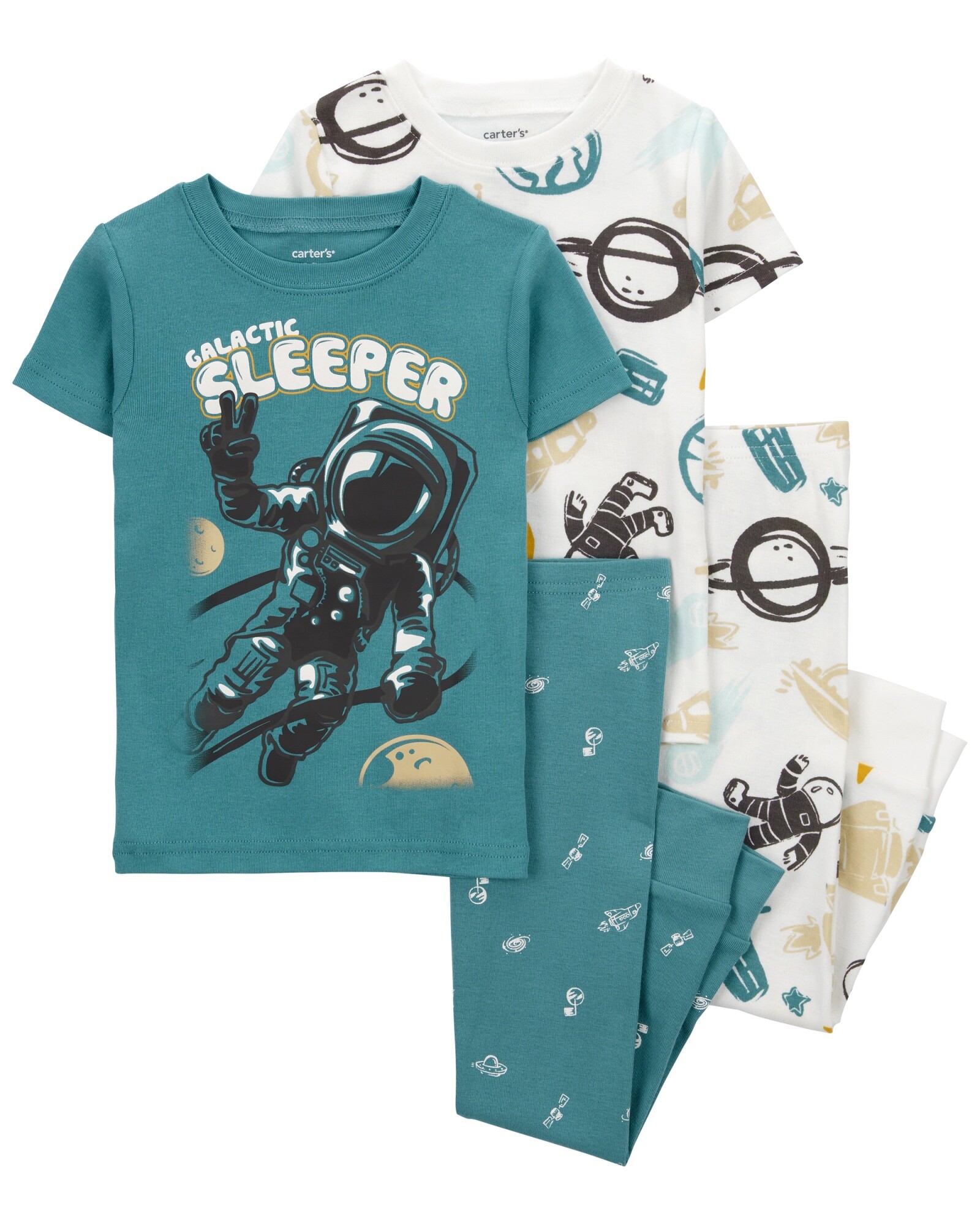Pijama cuatro piezas de algodón, dos pantalones y dos remeras, diseño astronauta Sin color