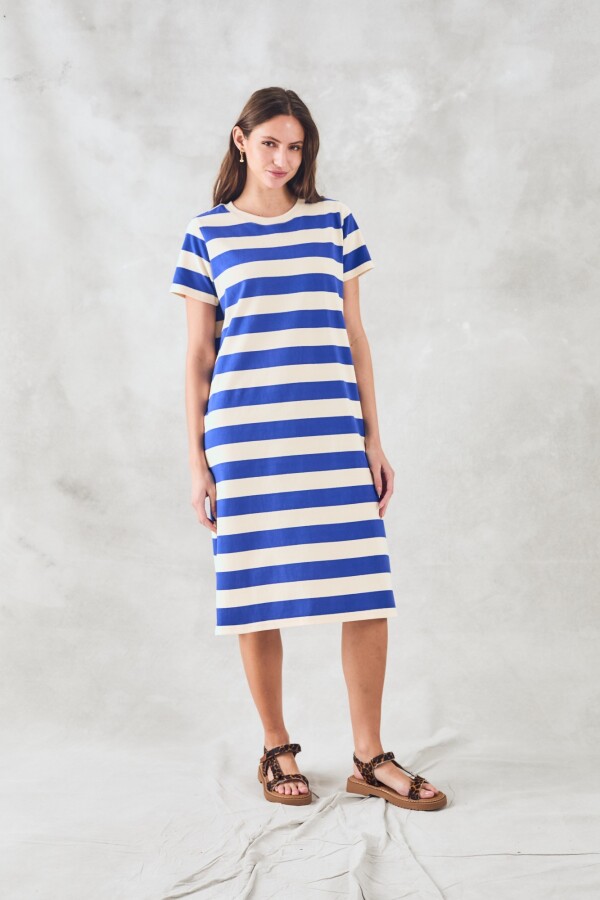 Vestido Rayado Con Lino Azul Francia