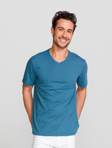 CAMISETA BÁSICA UNISSEX DE ALGODÓN ESCOTE V CELESTE