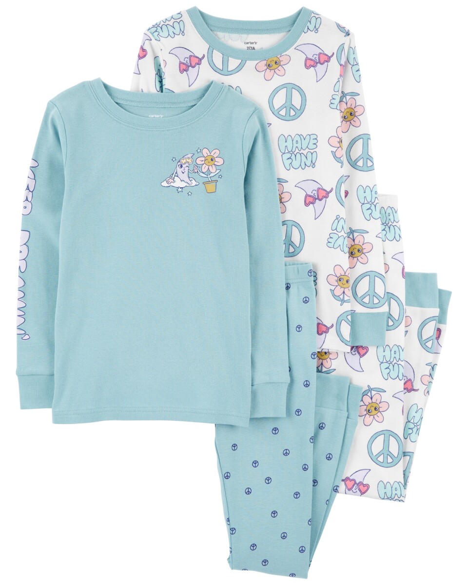 Pijama cuatro piezas de algodón, dos pantalones y dos remeras, estampados 
