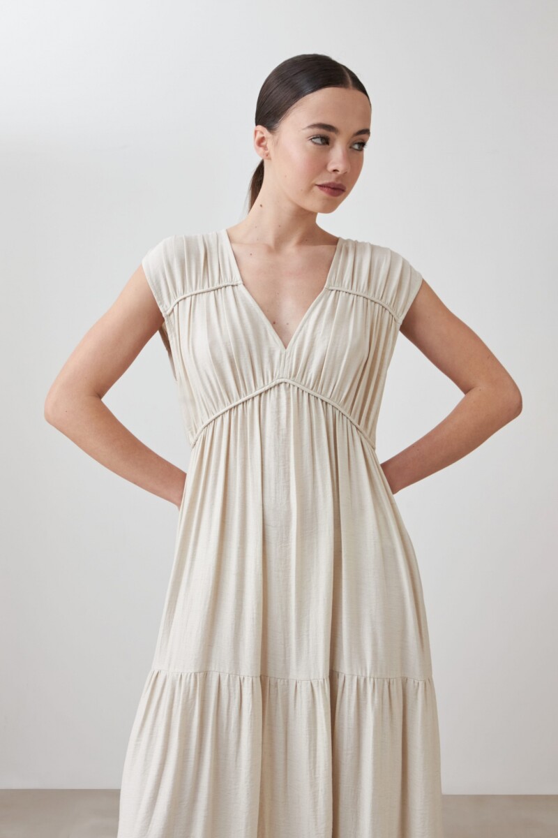 Maxi vestido con frunces beige melange
