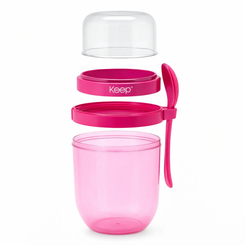 Tupper para Yogur y Snack con Doble Compartimento y Cuchara Rosa